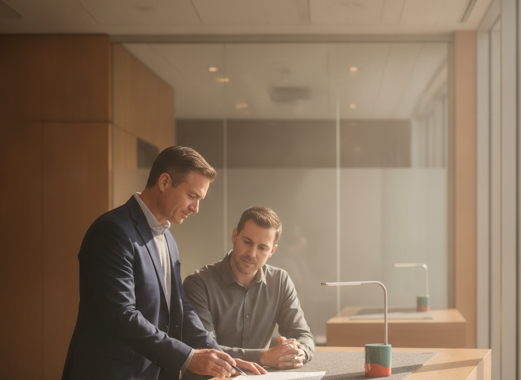 A branch advisor works through a document with a customer at a bank service desk.
