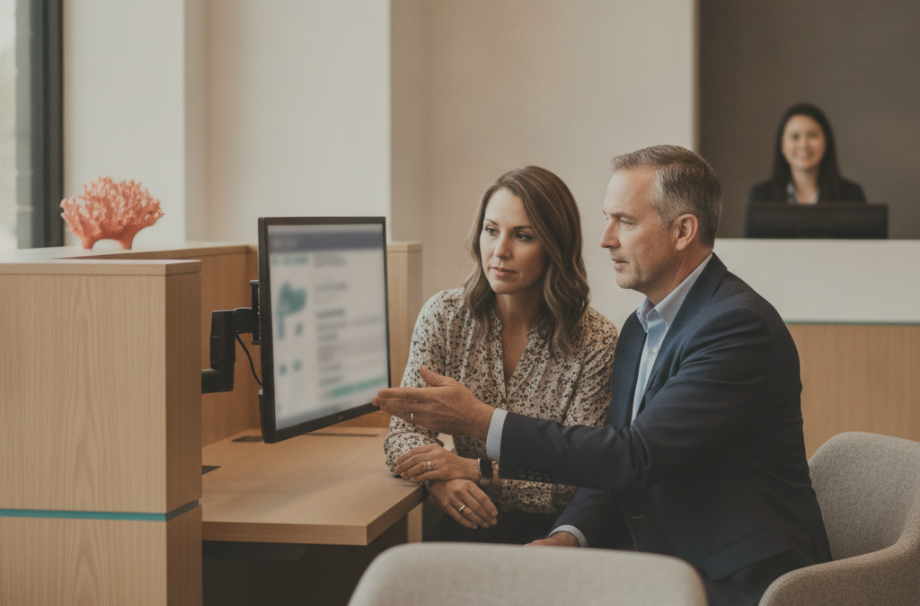 A banker greets a customer at a branch service counter.