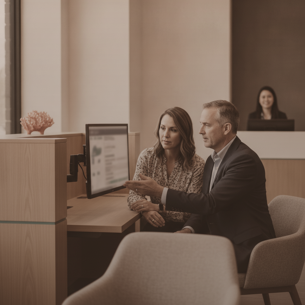 A branch associate helps a customer at the service counter, photographed with a warm coral brand overlay.