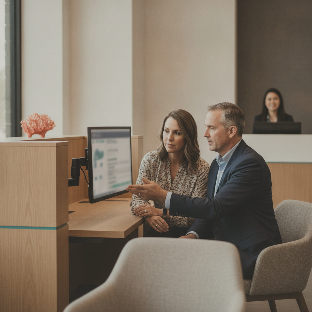 A banking associate walks a client through options on a screen at a consultation desk in a bright branch lobby