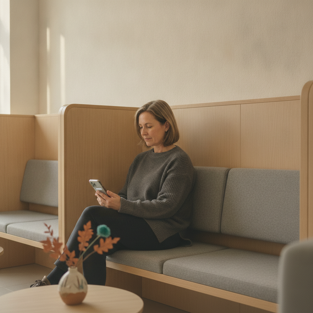 A bank member checks her phone in a calm branch while an associate helps another member in the background