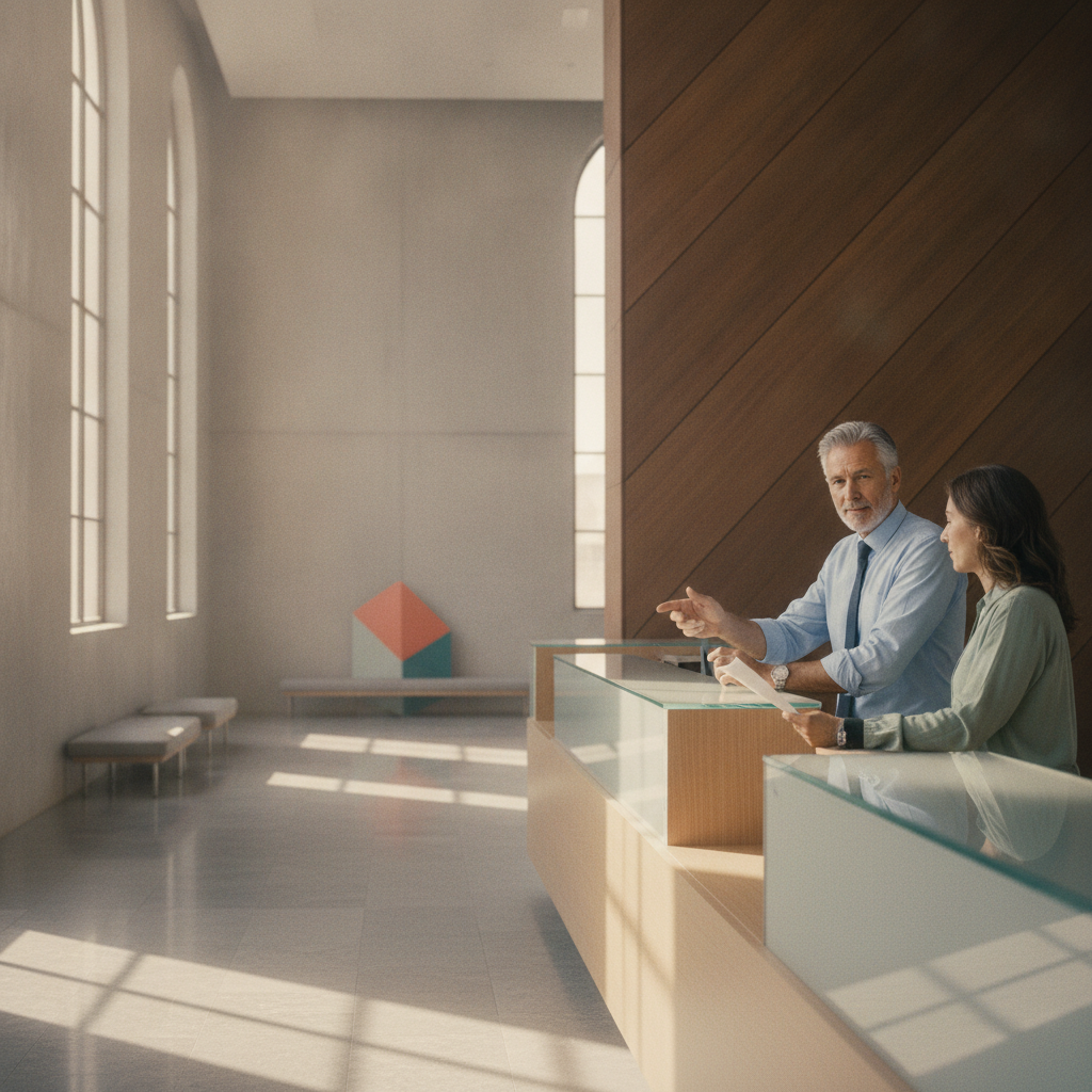 A service associate at a bright public-service counter guides a visitor through her next step; behind them the waiting hall is calm, with open benches in the light.