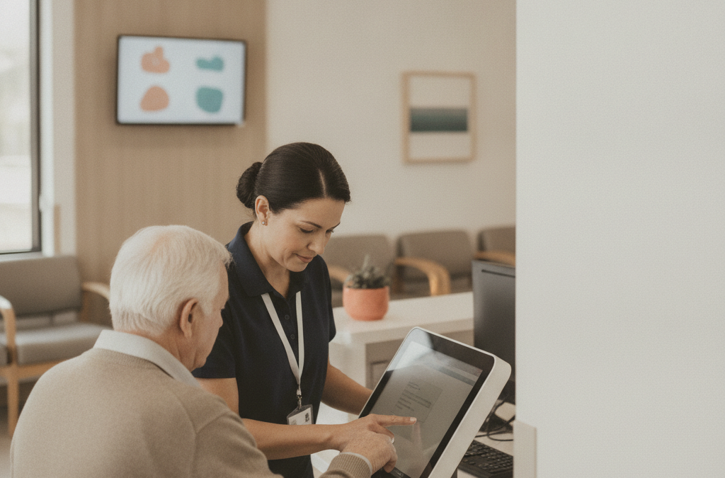 A clinic staff member helps an older visitor check in at a lobby kiosk.