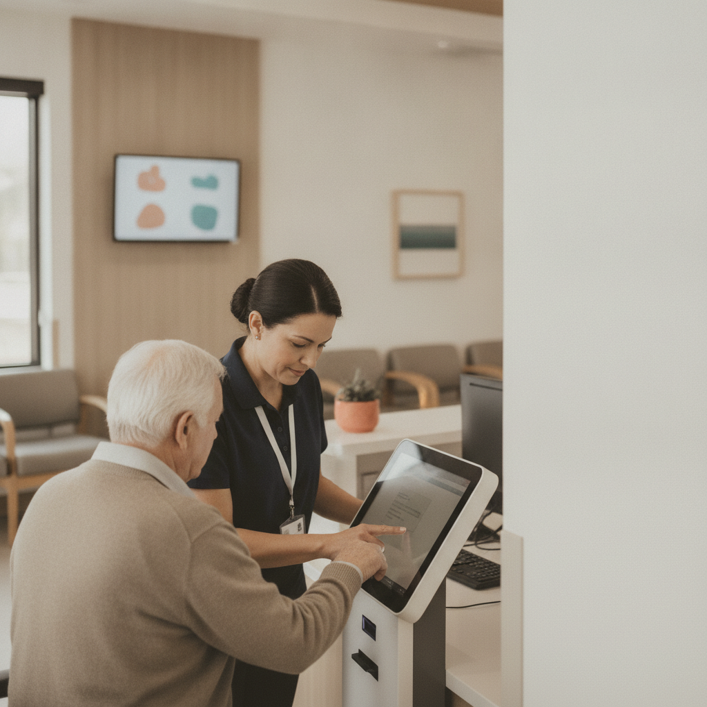 A clinic associate helps an older patient check in on a tablet at the front desk