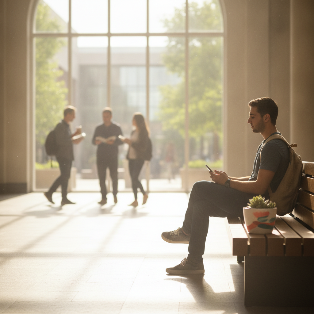 A student holds his place in line from his phone while waiting on a bench in a sunlit campus commons