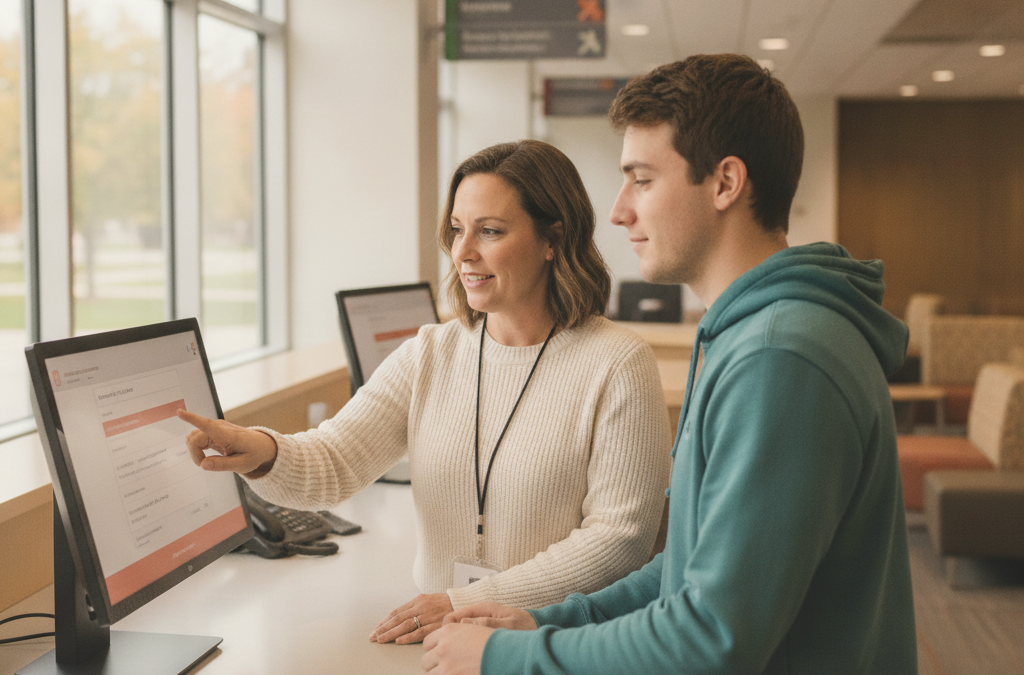 A student services advisor guides a student through a form on a service desk screen.