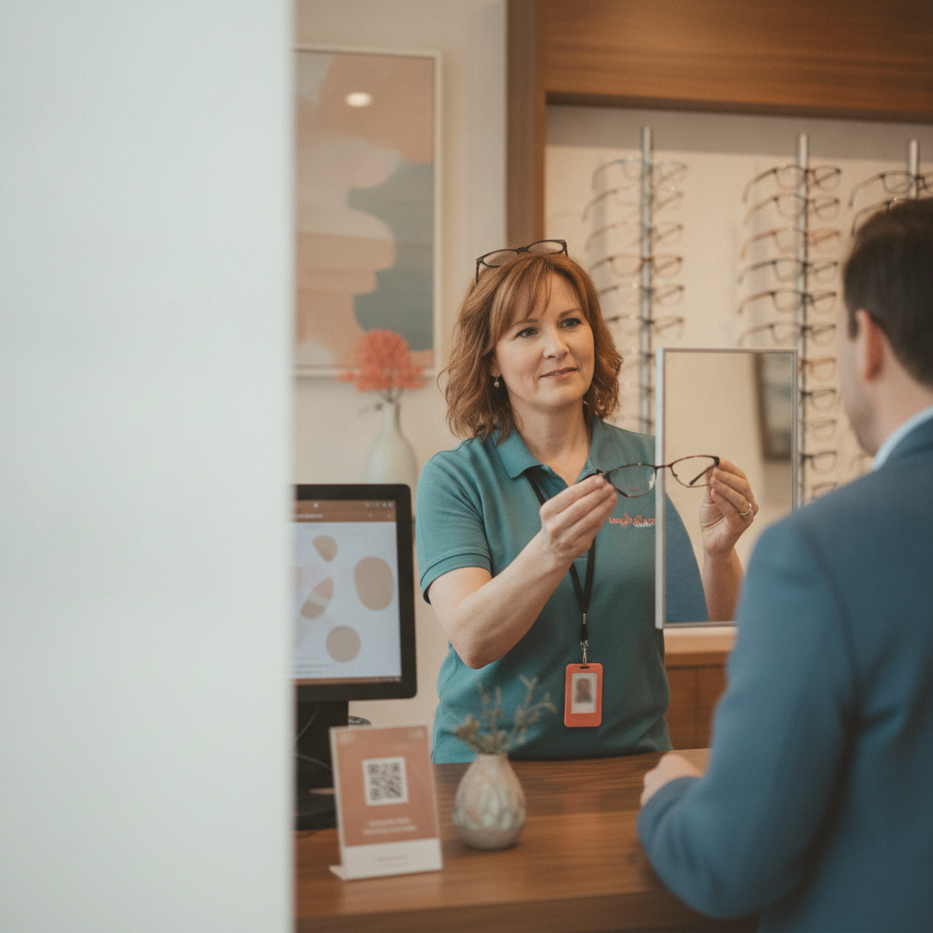 An optical associate fits frames for a customer at the counter, a scan-to-check-in card beside the register