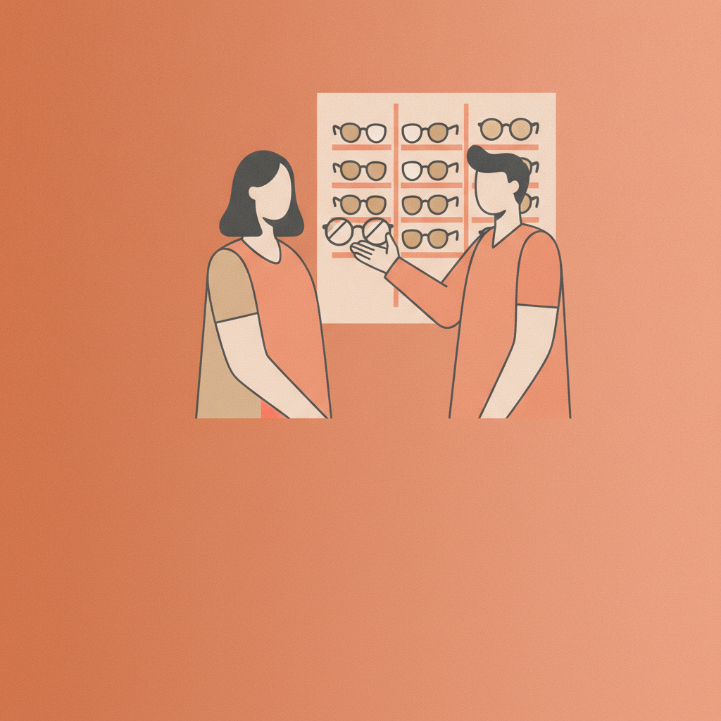 Illustration of connected service points across a retail store on a coral brand field