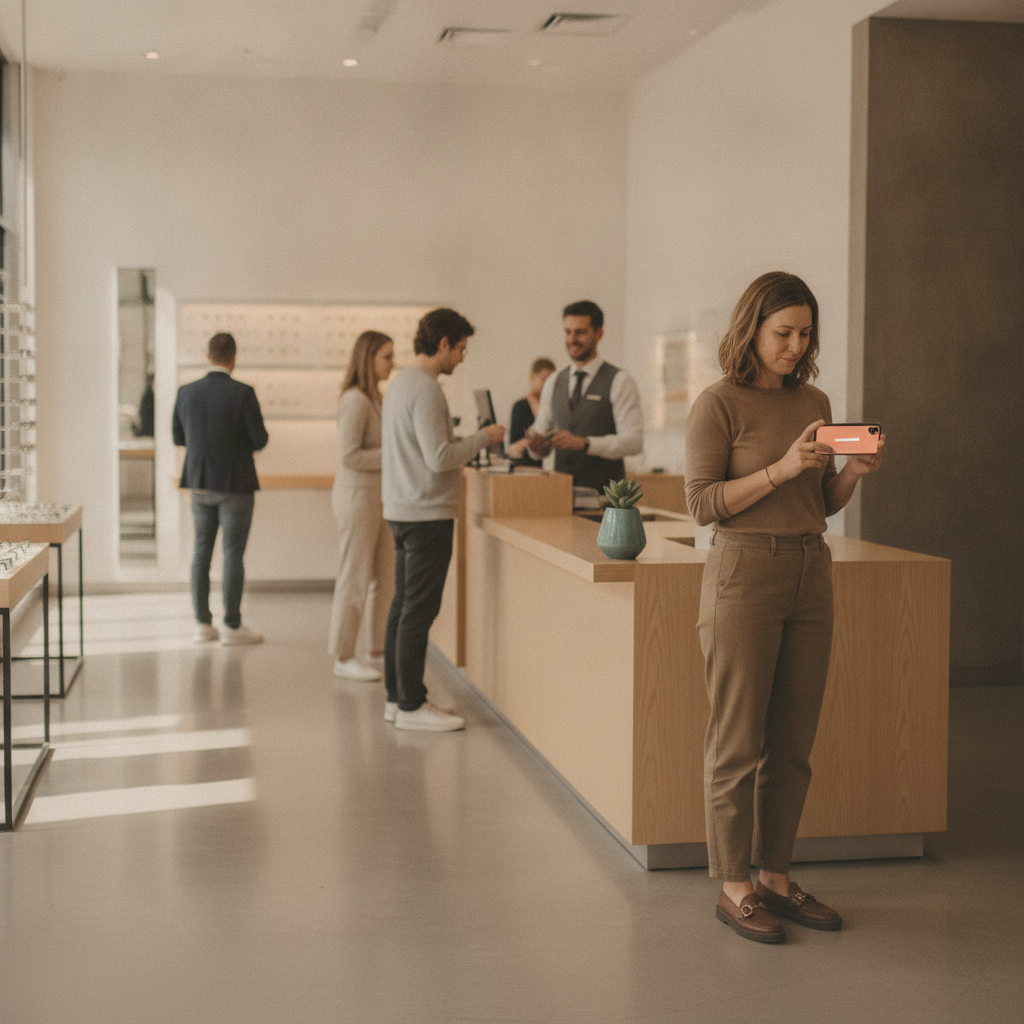 A customer in a bright retail showroom checks her place in line on her phone while an associate serves other guests at the counter behind her