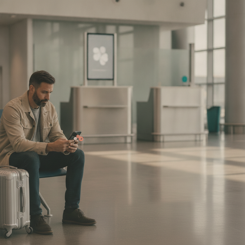 Traveler seated with his suitcase in a quiet terminal, holding his place in line from his phone