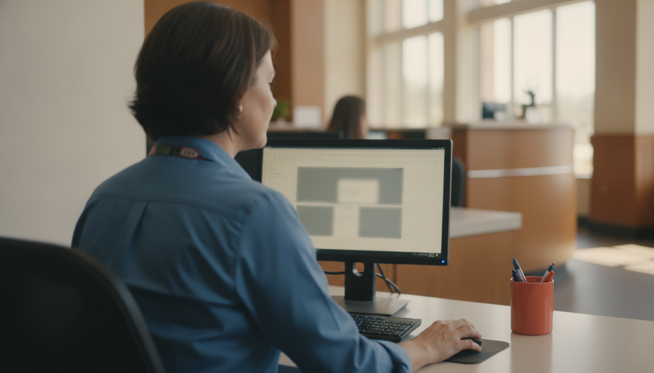 A branch associate works at her console, the service screen facing her