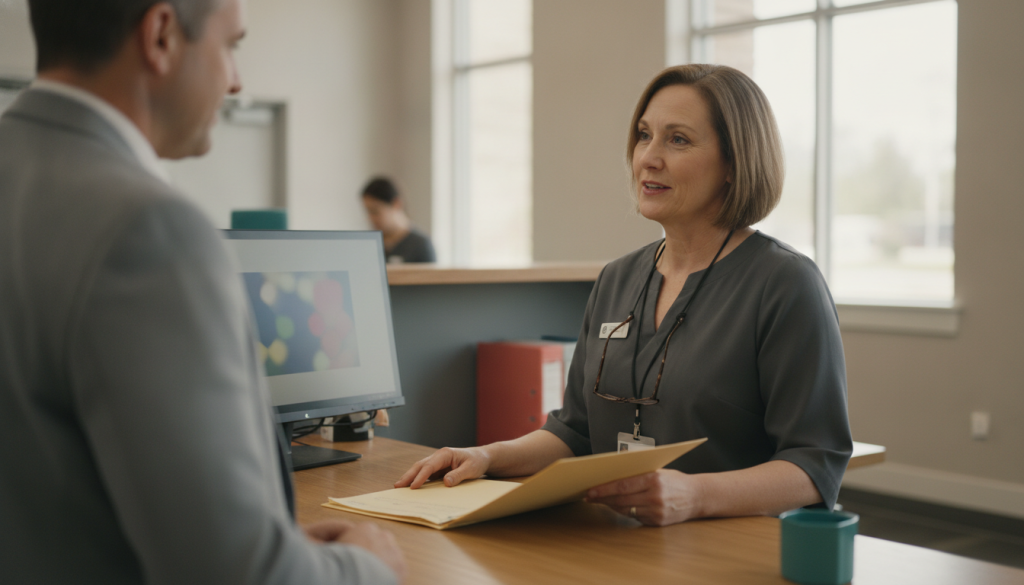 A branch associate at the counter talking with a customer across the desk, her screen facing her