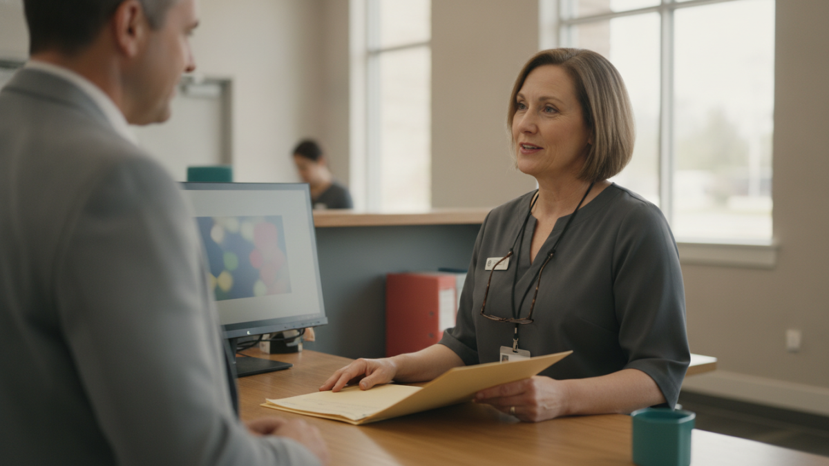 An associate and a customer talk across a counter in a bright modern service space, the associate's screen turned toward the associate.