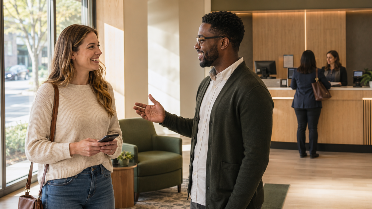 A banker greets a customer after their wait time ends, with a teller serving another customer at the counter behind them