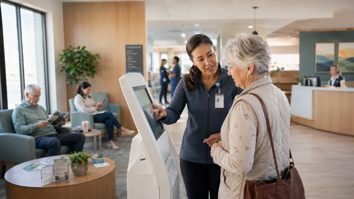 A healthcare team member helps an older patient check in at a kiosk, with a calm waiting area in the background