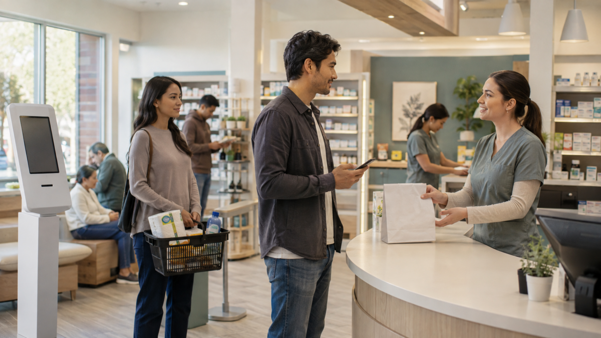 A retail associate shows a customer a product at the display stand of a bright store, a basket of goods and other shoppers in the distance. 