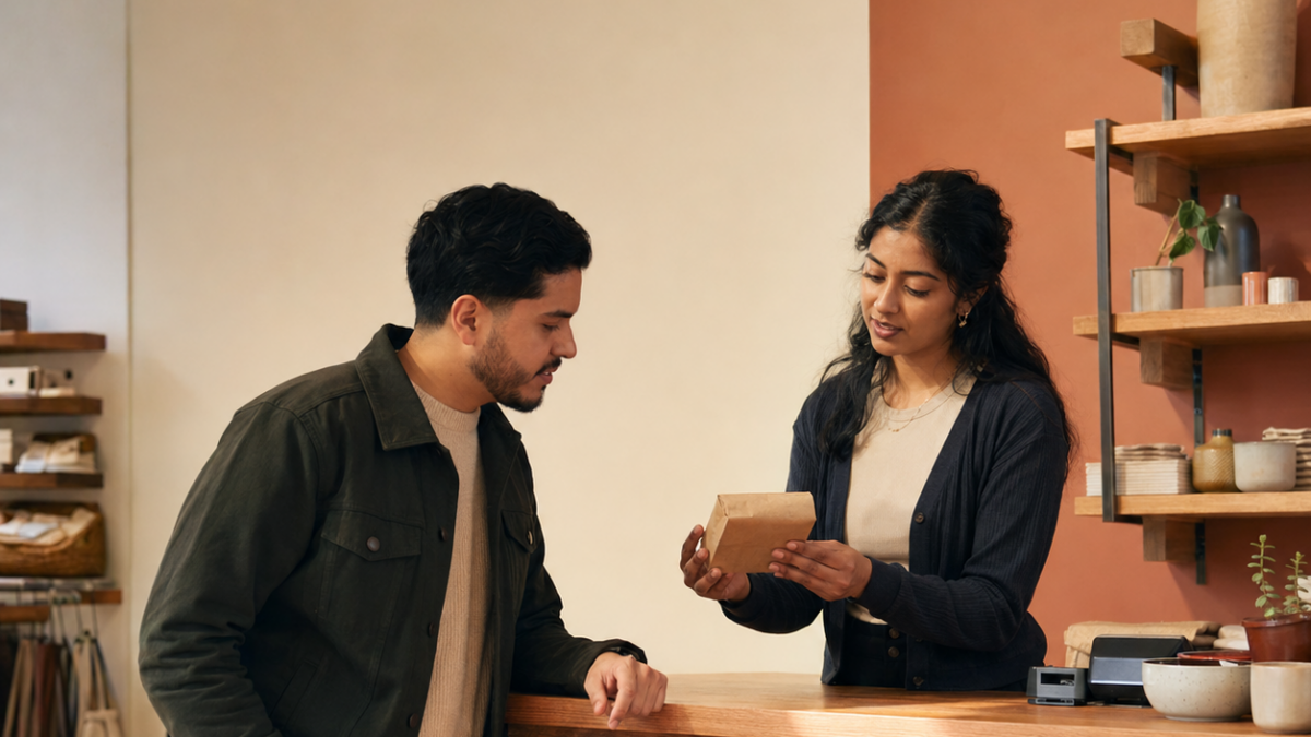 A retail associate shows a customer a product at the counter of a bright store, a QR check-in stand beside the register