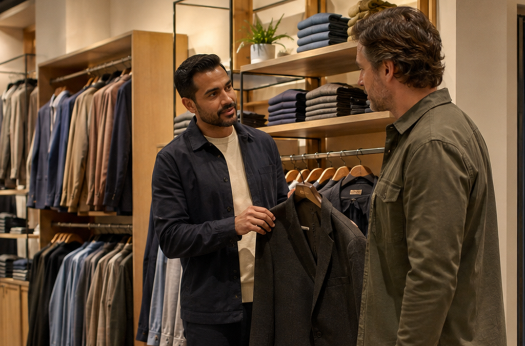 A sales associate shows a customer a jacket on a menswear retail floor.