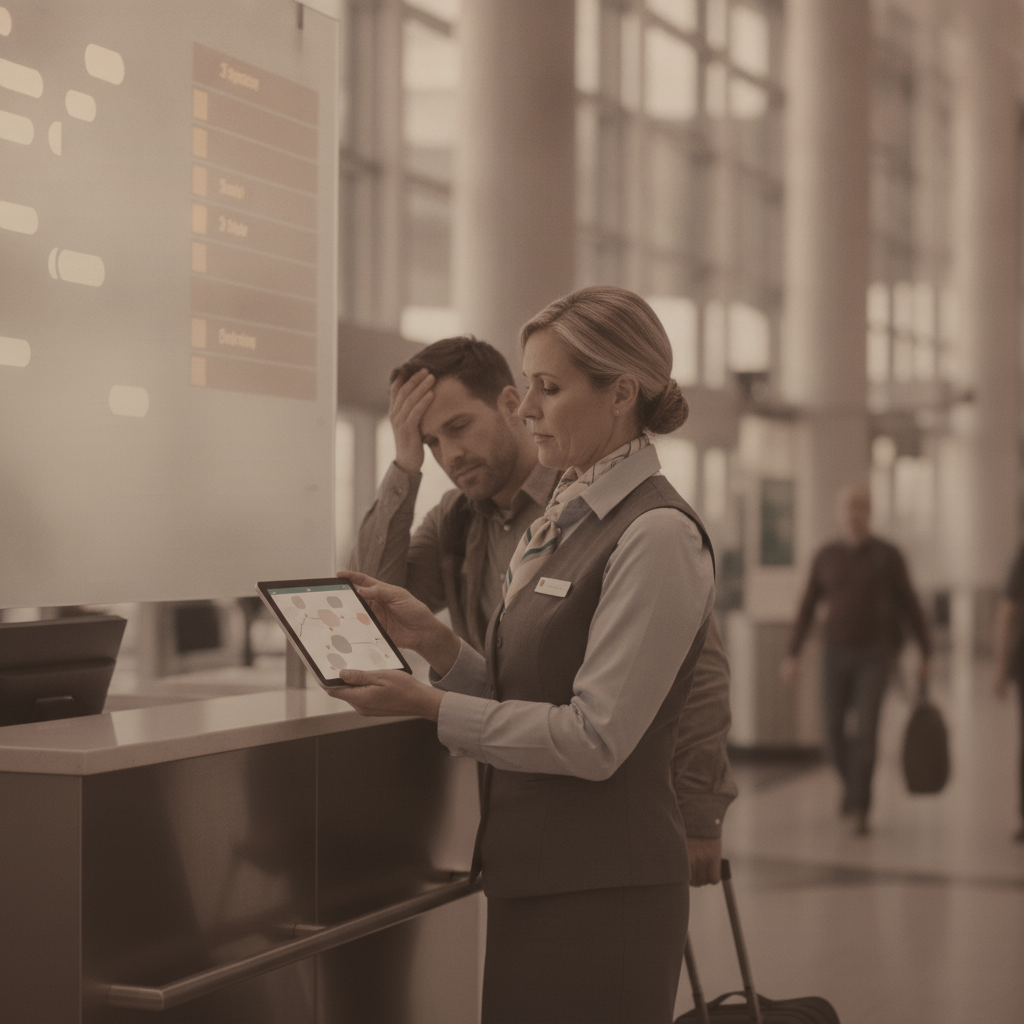 An airport service associate reviews a tablet with a traveler beside a departures board, in a coral brand tone.