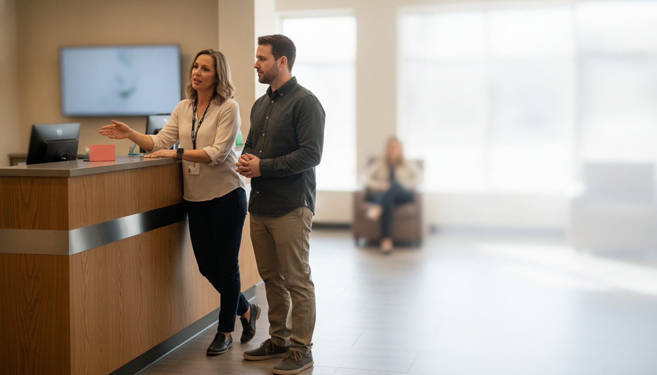 Two branch associates stand together at the counter mid-handoff, one gesturing toward the workstation while a waiting customer sits in soft focus at the right of the lobby