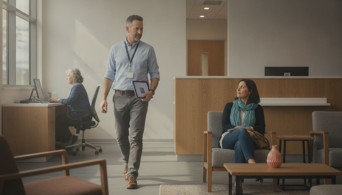 A badged operations leader walks a bright modern service floor with a tablet, reading the room while a colleague works at her desk and a visitor waits nearby